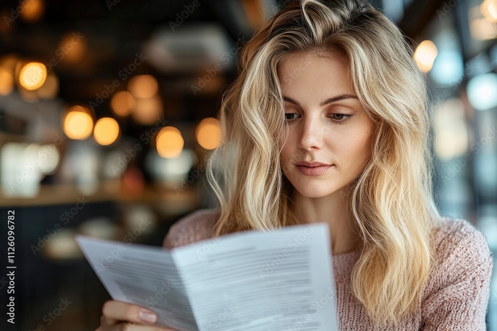 A young woman reads a menu in a cozy caf? setting, contemplating her choices. A young woman reads a menu in a cozy caf? setting, contemplating her choices.