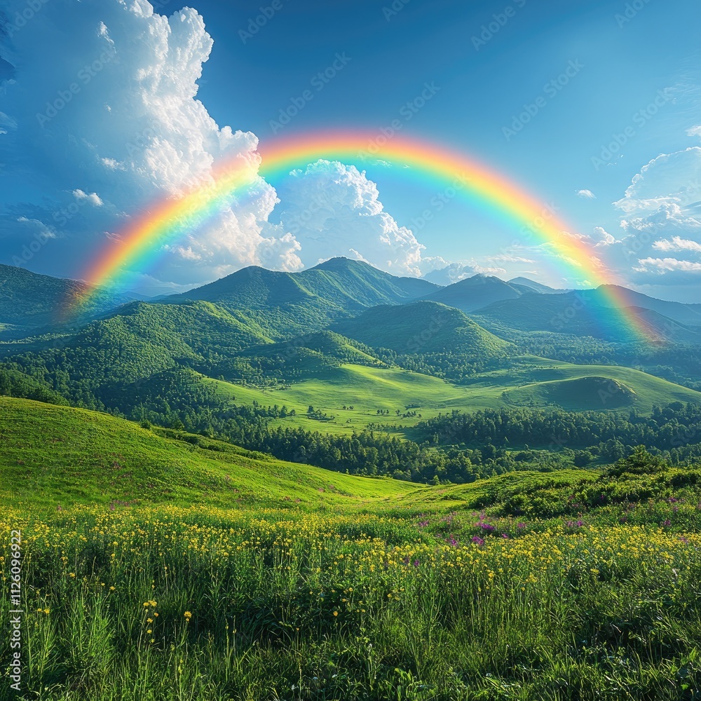 A vibrant landscape featuring rolling hills, a rainbow, and a clear blue sky. A vibrant landscape featuring rolling hills, a rainbow, and a clear blue sky.