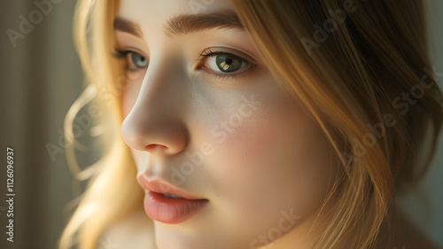 Elegant side profile of a woman showcasing a luminous complexion against a neutral backdrop