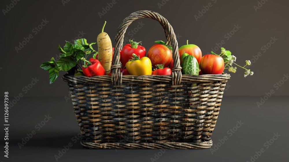 A woven basket filled with fresh vegetables and fruits, showcasing natural produce. A woven basket filled with fresh vegetables and fruits, showcasing natural produce.