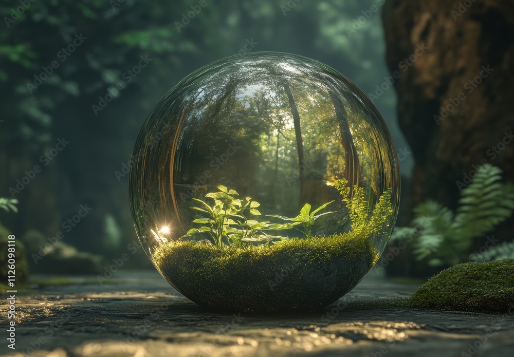 Captivating Glass Sphere with Lush Greenery and Moss Surrounded by Sunlit Forest in a Peaceful Natural Setting Captivating Glass Sphere with Lush Greenery and Moss Surrounded by Sunlit Forest in a Peaceful Natural Setting