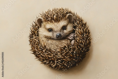 A cute hedgehog curled into a ball, detailed spines and textures