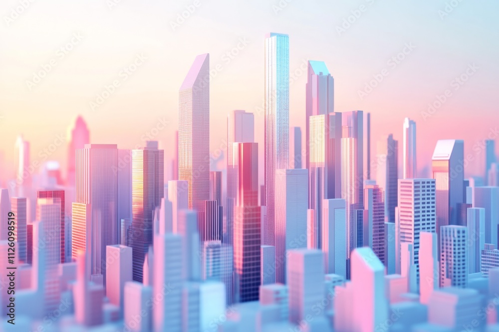 Obraz premium 3D rendering of a modern city skyline with skyscrapers and buildings in pastel colors. Cityscape background,