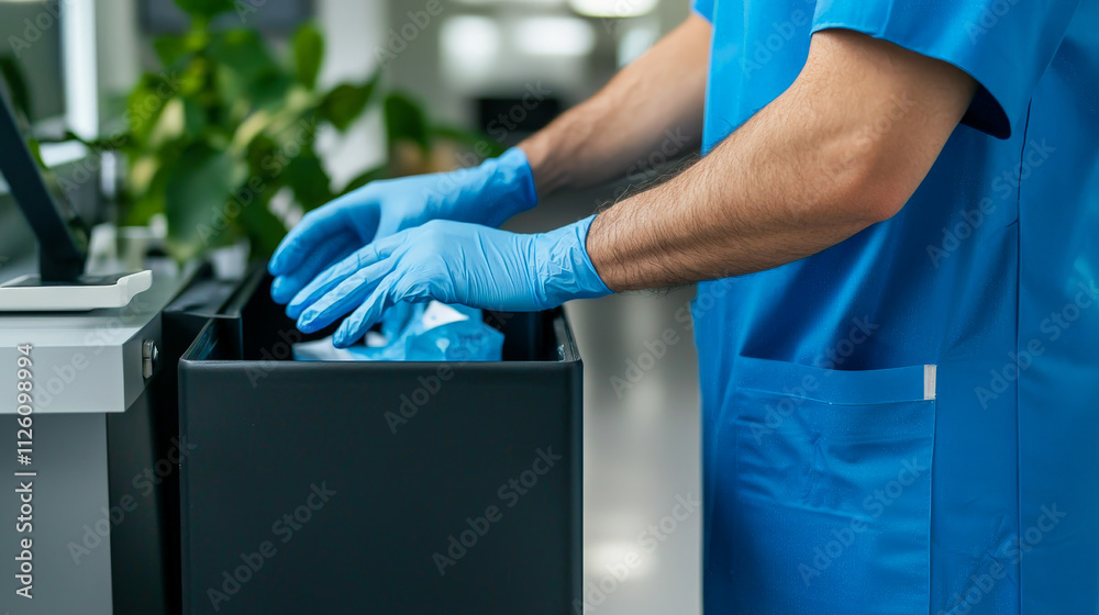 Proper disposal of medical waste by healthcare worker in blue scrubs Proper disposal of medical waste by healthcare worker in blue scrubs