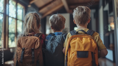 Children with backpacks preparing for school cozy cabin interior lifestyle photo warm atmosphere rear view adventure awaits