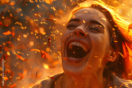A joyful young Caucasian woman laughing amidst a shower of vibrant autumn leaves, capturing a moment of pure happiness and warmth.