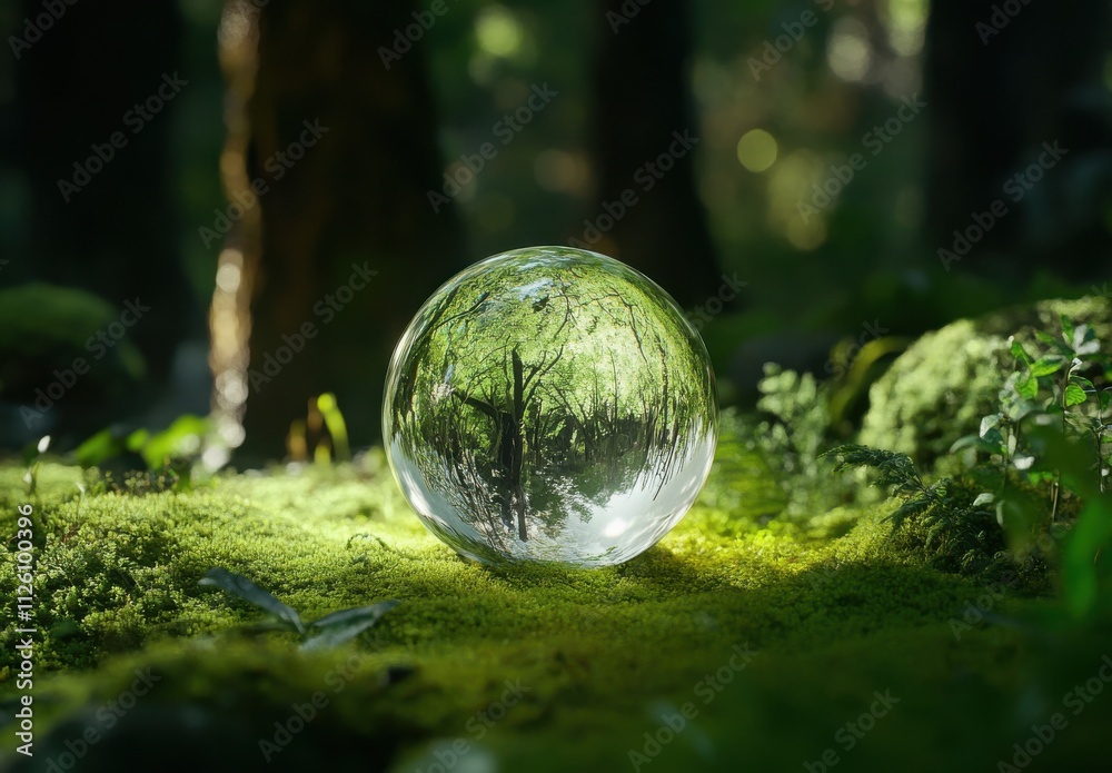 Crystal Sphere Reflecting Lush Green Forest Surrounded by Soft Moss in a Peaceful Nature Setting with Sunlight Filtering Through Trees Crystal Sphere Reflecting Lush Green Forest Surrounded by Soft Moss in a Peaceful Nature Setting with Sunlight Filtering Through Trees