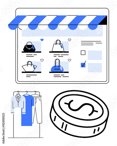 Digital storefront with handbags and accessories, clothing rack, and dollar coin representing e-commerce. Ideal for retail, shopping, fashion, sales, online businesses marketing and finance. Line photo