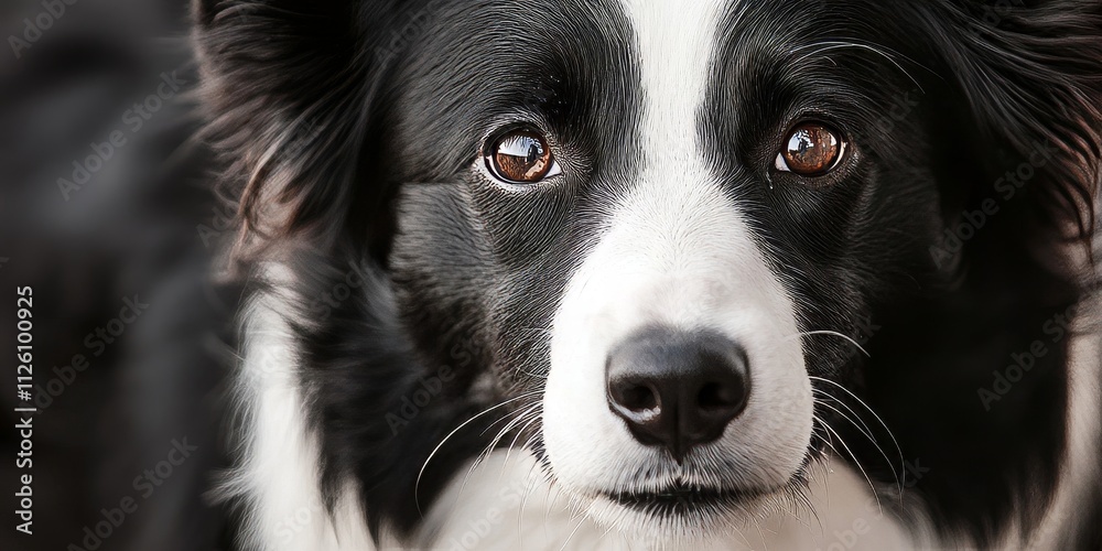 Charming closeup of a joyful, attentive black and white Border Collie, also known as the Scotch Sheep Dog, showcasing its endearing features and expressive personality. This Border Collie captivates Charming closeup of a joyful, attentive black and white Border Collie, also known as the Scotch Sheep Dog, showcasing its endearing features and expressive personality. This Border Collie captivates