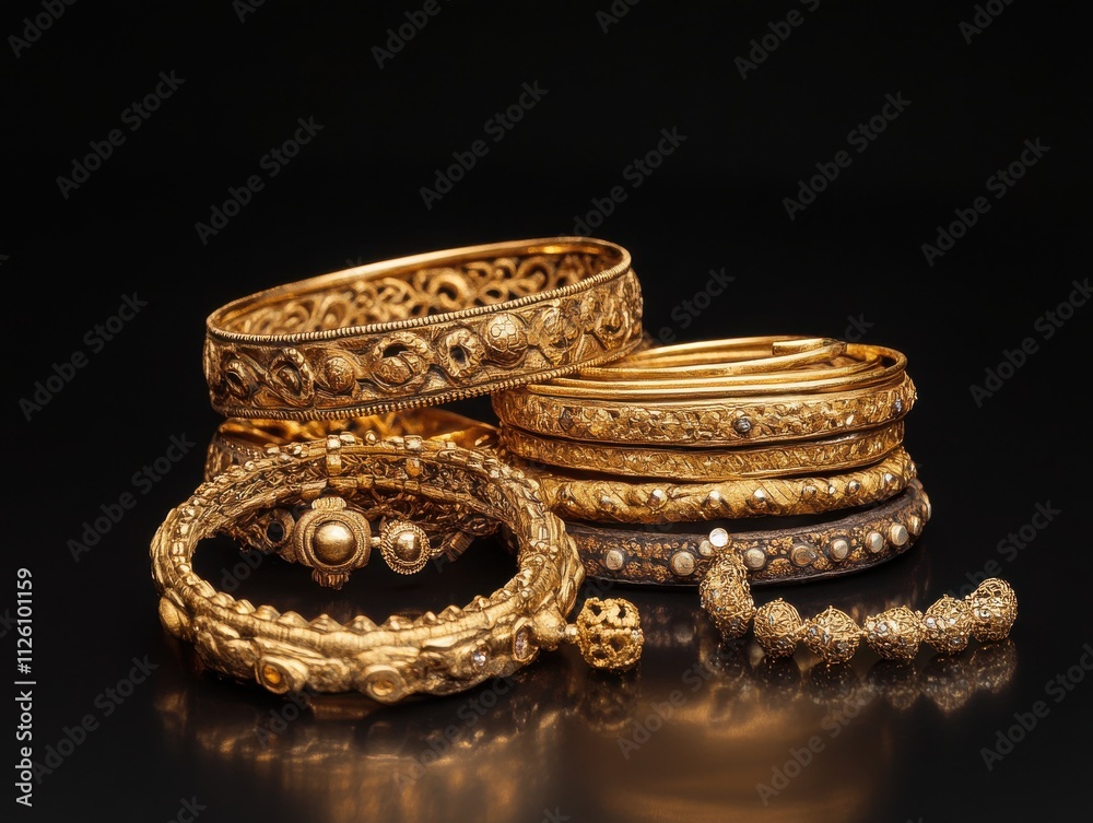 Elegant and Intricately Designed Gold Bangles and Bracelets Displayed Against a Dark Background, Perfect for Showcasing Traditional and Contemporary Jewelry Styles Elegant and Intricately Designed Gold Bangles and Bracelets Displayed Against a Dark Background, Perfect for Showcasing Traditional and Contemporary Jewelry Styles