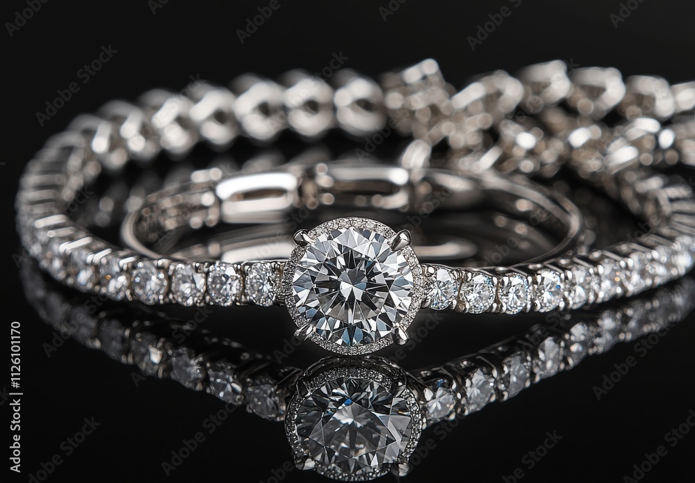 Elegant and Luxurious Diamond Jewelry Set with Sparkling Stones on a Reflective Surface Showcasing Glamour and Sophistication for Fashion Lovers and Enthusiasts Elegant and Luxurious Diamond Jewelry Set with Sparkling Stones on a Reflective Surface Showcasing Glamour and Sophistication for Fashion Lovers and Enthusiasts