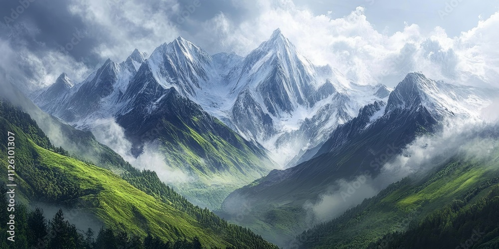 Stunning mountains landscape showcasing the beauty of mountains, with dramatic peaks and lush valleys, perfect for appreciating the serene mountains atmosphere and breathtaking scenery.