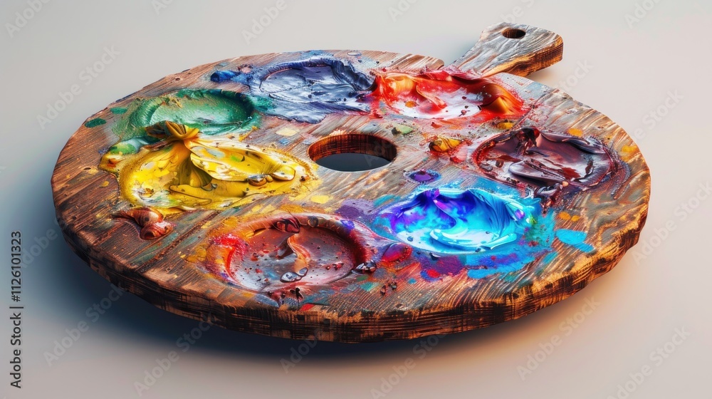 A wooden artist's palette with vibrant paint colors for creative expression. A wooden artist's palette with vibrant paint colors for creative expression.