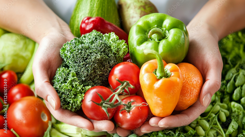 Fresh vegetables and fruits held in hands, promoting healthy eating choices Fresh vegetables and fruits held in hands, promoting healthy eating choices