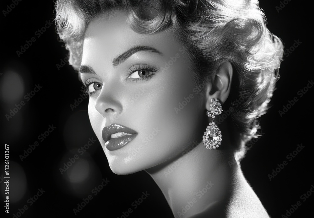 Fototapeta premium Elegant Black and White Portrait of a Woman with Glamorous Earrings and Vintage Hairstyle, Capturing Timeless Beauty and Classic Fashion Aesthetics in Studio Lighting