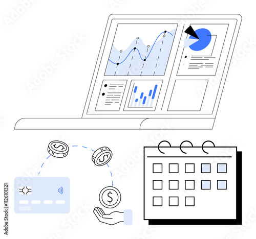 Financial data displayed on laptop screen with charts and graphs. Credit card transaction with coins and hand. Calendar marks dates. Ideal for financial planning, virtual banking, expense tracking