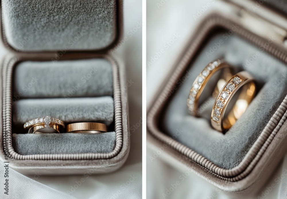 Elegant Close-Up of Sparkling Wedding Rings in Velvet Box, Showcasing Unique Designs and Brilliant Diamonds Highlighting Love and Commitment Elegant Close-Up of Sparkling Wedding Rings in Velvet Box, Showcasing Unique Designs and Brilliant Diamonds Highlighting Love and Commitment
