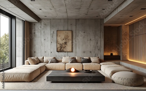 Modern minimalist living room with concrete walls, beige sectional sofa, and warm lighting. photo