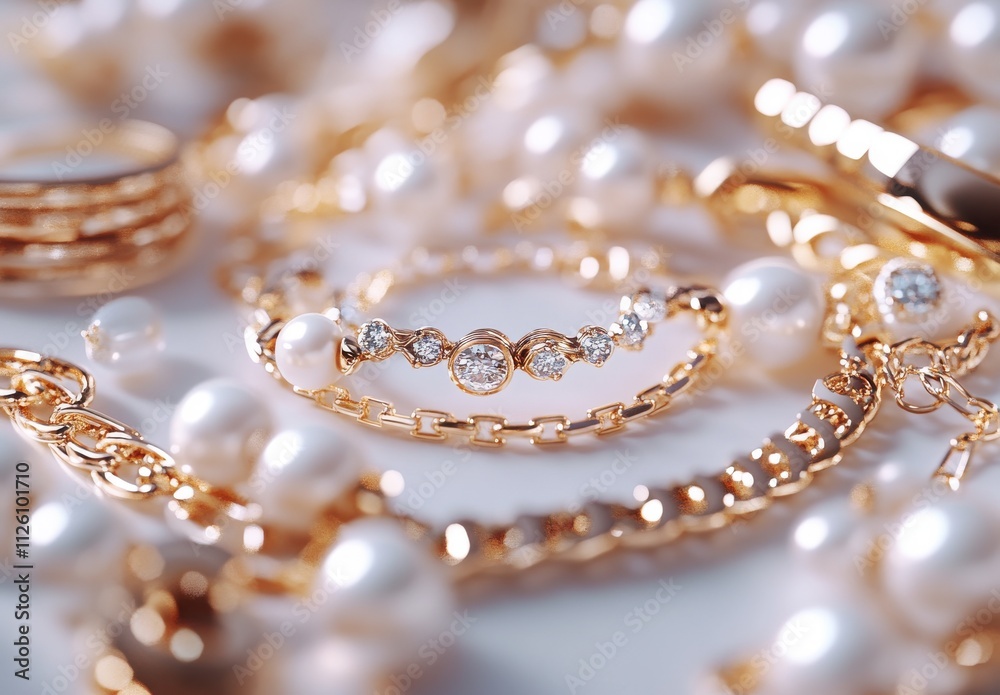 Elegant Collection of Gold Jewelry Featuring Pearls and Diamonds Laid Out on a Soft Surface for Luxurious and Glamorous Presentation Elegant Collection of Gold Jewelry Featuring Pearls and Diamonds Laid Out on a Soft Surface for Luxurious and Glamorous Presentation