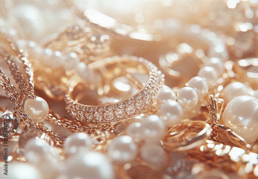 Elegant Collection of Gold Jewelry with Sparkling Diamonds and Pearls in Soft Light, Perfect for Fashion and Luxury Themes, Capturing Glamour and Sophistication
