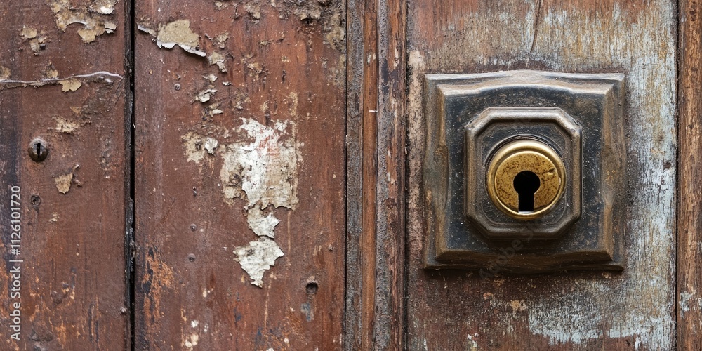 Antique door lock on a brown door in an abandoned house, showcasing the charm and history of the old door lock mechanism in a long unoccupied setting. Antique door lock on a brown door in an abandoned house, showcasing the charm and history of the old door lock mechanism in a long unoccupied setting.