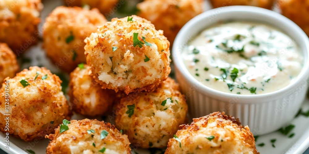 Delicious homemade seafood mini crab cake balls served with a tangy tartar sauce, these seafood treats are perfect for any gathering, offering a delightful seafood flavor in every bite. Delicious homemade seafood mini crab cake balls served with a tangy tartar sauce, these seafood treats are perfect for any gathering, offering a delightful seafood flavor in every bite.