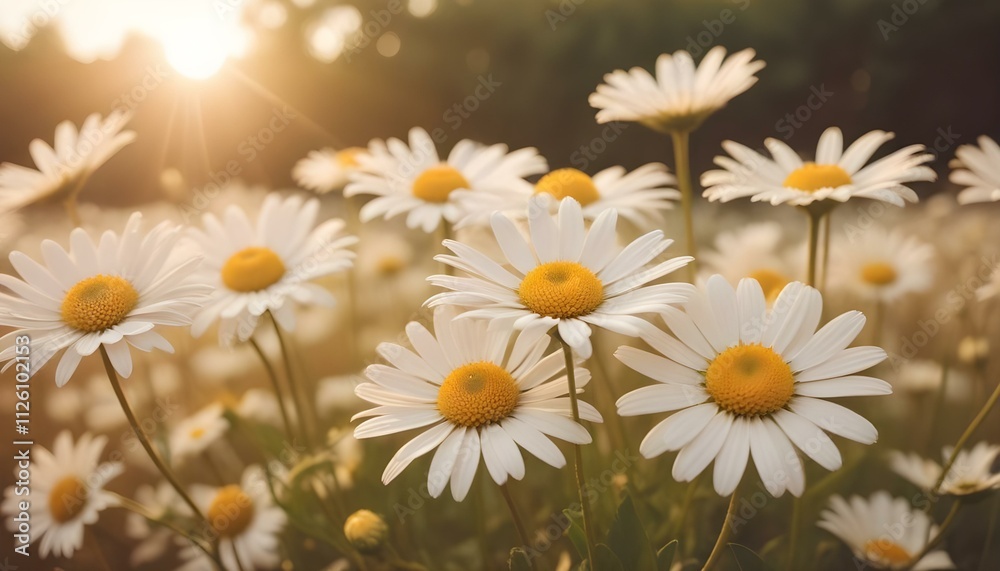 Fototapeta premium Flores de margaritas blancas sobre un fondo suave y de tonos cálidos