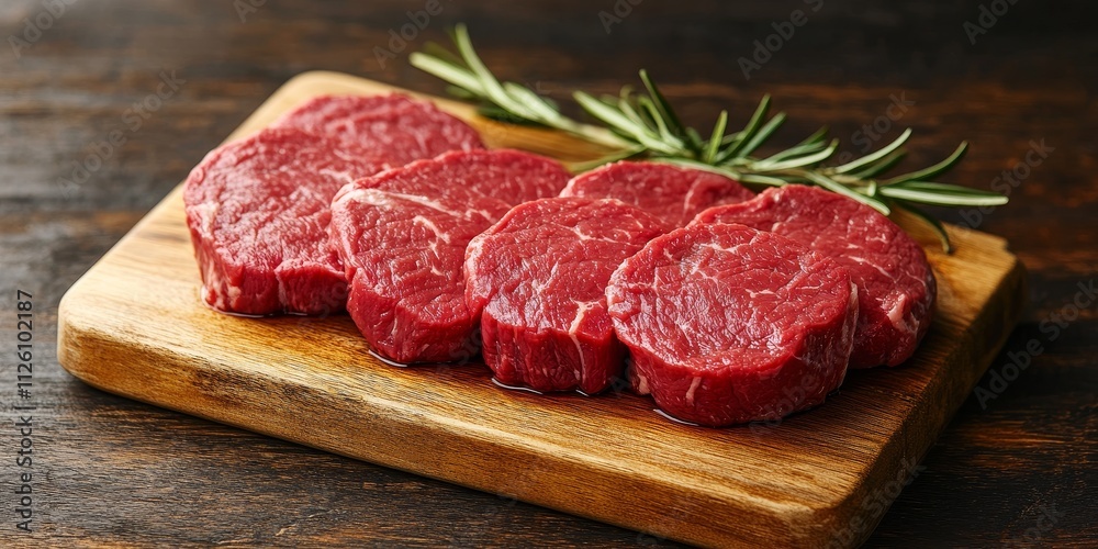 Fresh raw beef meat steak slices displayed on a wooden cutting board, showcasing the quality and texture of fresh raw beef. Ideal for culinary uses and food presentations. Fresh raw beef meat steak slices displayed on a wooden cutting board, showcasing the quality and texture of fresh raw beef. Ideal for culinary uses and food presentations.
