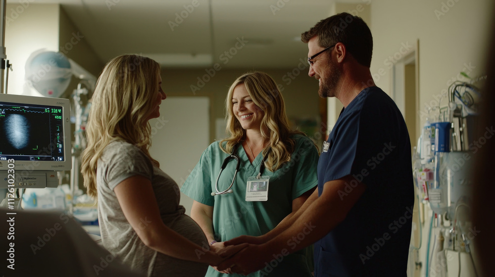 Obraz premium Expectant parents holding hands, smiling with ultrasound technician