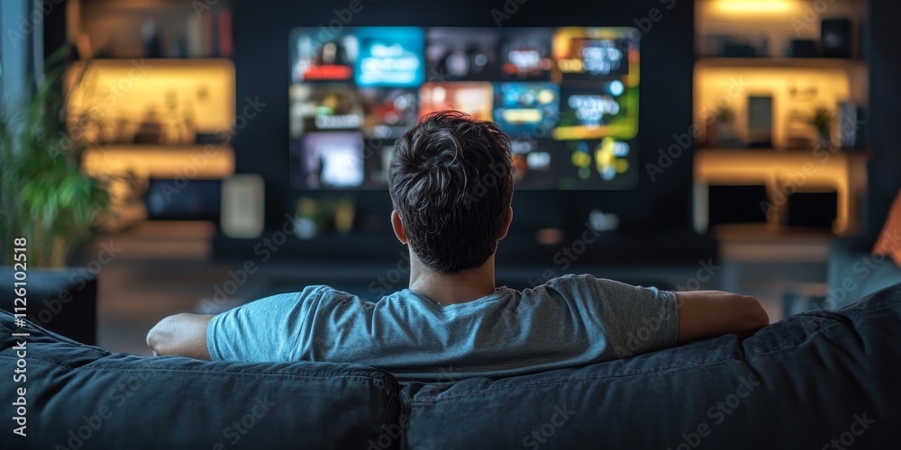 Attractive casual man relaxed on the sofa enjoying video on demand entertainment displayed on the screen, creating a cozy atmosphere for watching video on demand content.
