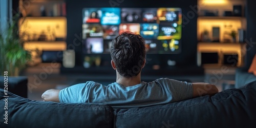 Obraz na płótnie Attractive casual man relaxed on the sofa enjoying video on demand entertainment displayed on the screen, creating a cozy atmosphere for watching video on demand content. w salonie