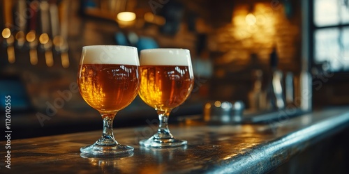 Two glasses of beer resting on a bar table, captured in a closeup view, showcasing the rich color and texture of the beer. Enjoy the refreshing appeal of beer displayed beautifully. photo