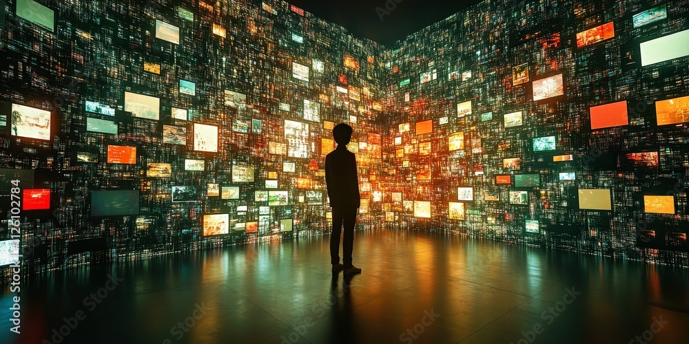 A silhouette surrounded by digital screens. Futuristic multimedia environment with immersive data display. Electronic and video landscape with cutting innovation. A visual marvel in technology A silhouette surrounded by digital screens. Futuristic multimedia environment with immersive data display. Electronic and video landscape with cutting innovation. A visual marvel in technology