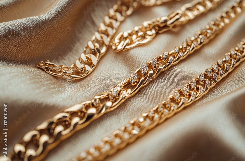 Elegant Display of Luxurious Golden Chains on Soft Fabric Background Highlighting their Shine and Intricate Designs for Fashion and Jewelry Inspiration Elegant Display of Luxurious Golden Chains on Soft Fabric Background Highlighting their Shine and Intricate Designs for Fashion and Jewelry Inspiration