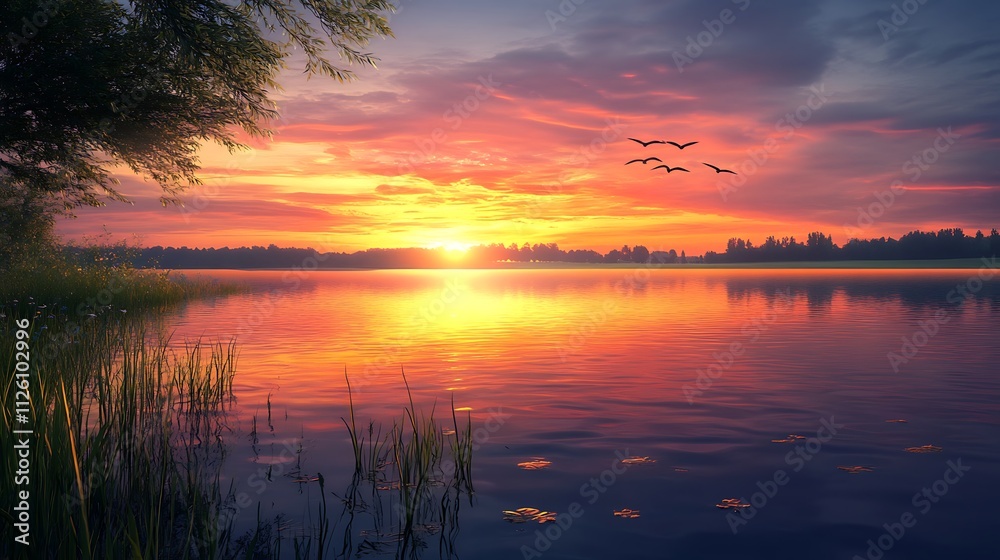 A serene sunset over a calm lake with reflections and birds in the sky. A serene sunset over a calm lake with reflections and birds in the sky.