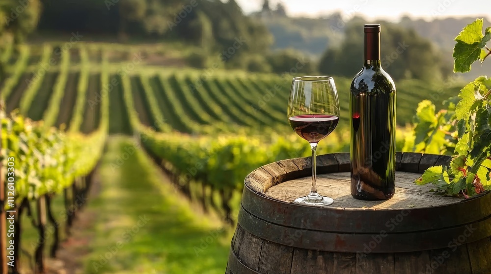 A serene vineyard scene featuring a bottle of red wine and a glass on a wooden barrel, surrounded by lush green grapevines in the background. A serene vineyard scene featuring a bottle of red wine and a glass on a wooden barrel, surrounded by lush green grapevines in the background.