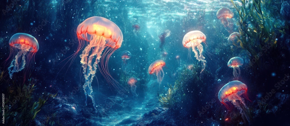 Luminous jellyfish swarm underwater, glowing in ocean depths. Luminous jellyfish swarm underwater, glowing in ocean depths.