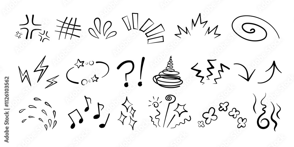 Obraz premium Manga or anime comic emoticon element graphic effects hand drawn doodle vector illustration set isolated on white background. Line style manga doodle line expression scribble anime mark collection.