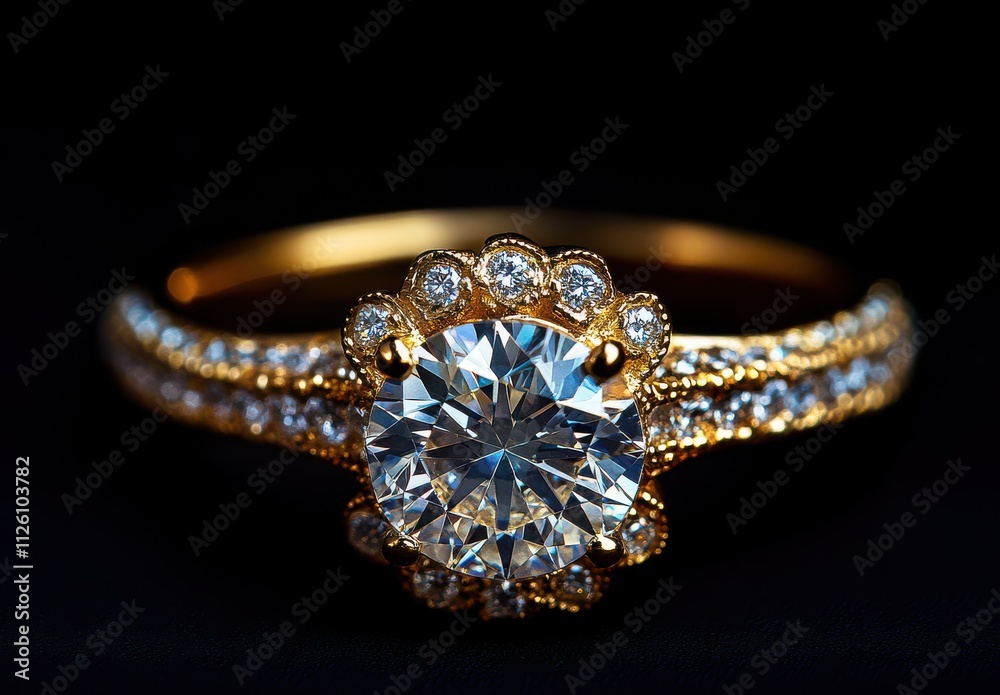 Elegant Gold Ring with a Large Round Diamond Center, Surrounded by Sparkling Smaller Diamonds, Perfect for Engagement or Special Occasion Celebrations Elegant Gold Ring with a Large Round Diamond Center, Surrounded by Sparkling Smaller Diamonds, Perfect for Engagement or Special Occasion Celebrations