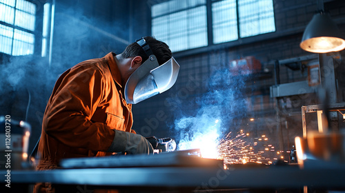 A skilled welder working diligently in a workshop, sparks flying and tools in use.