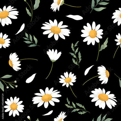 Seamless White Floral Pattern with Black Background