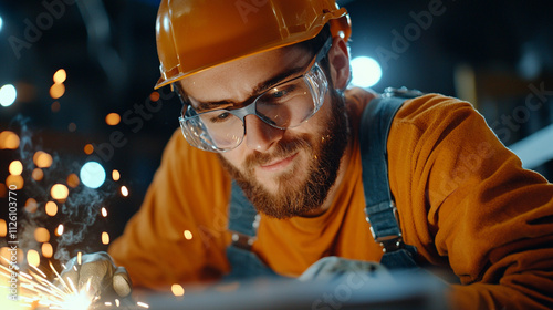 A skilled worker engages in welding during a nighttime project, sparks flying. photo