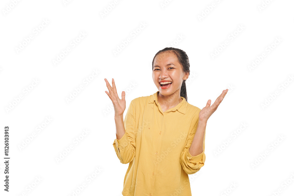 Portrait of Happy Asian woman yellow blouse gesture open palm Portrait of Happy Asian woman yellow blouse gesture open palm