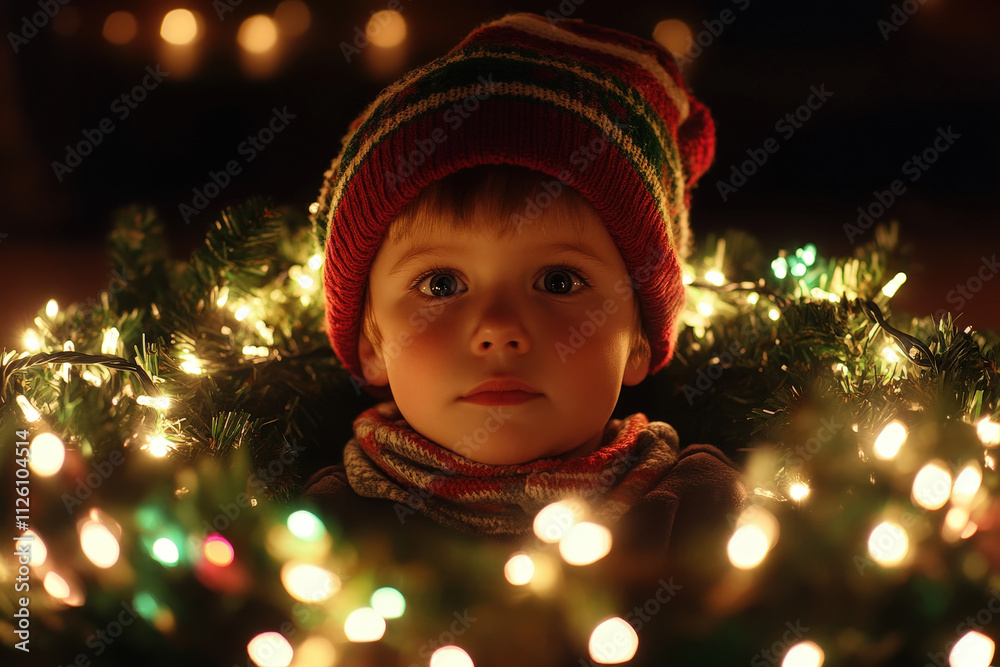 Child Surrounded by Christmas Lights and Festive Glow Child Surrounded by Christmas Lights and Festive Glow