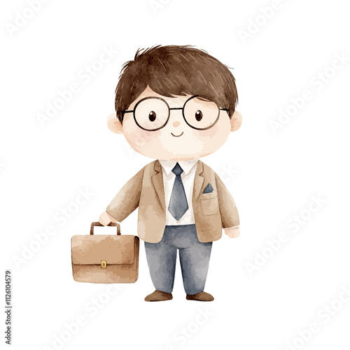 Cute Businessman Watercolor Illustration: A charming watercolor illustration of a young businessman, ready to tackle the day with a briefcase in hand.