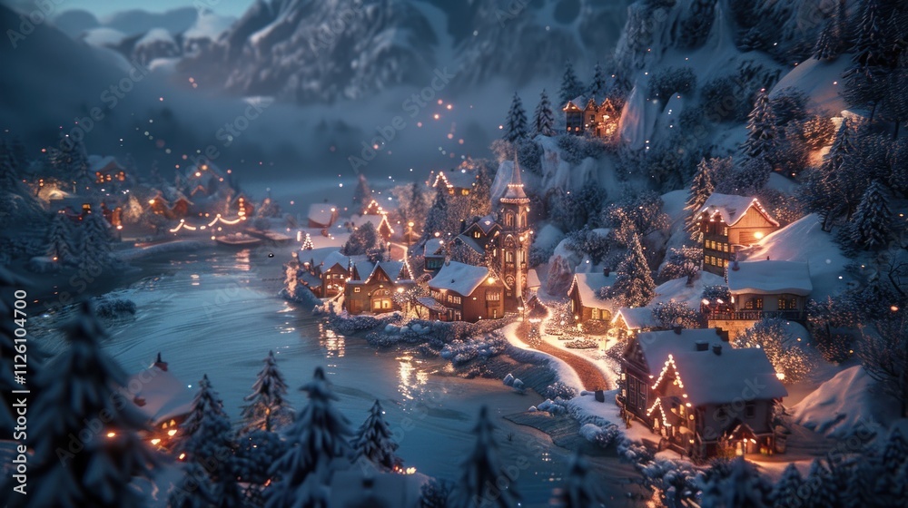 A serene winter village illuminated by lights, nestled in a snowy landscape by a river. A serene winter village illuminated by lights, nestled in a snowy landscape by a river.