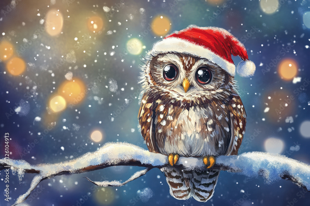 Christmas Owl on a Snowy Branch with Santa Hat Christmas Owl on a Snowy Branch with Santa Hat