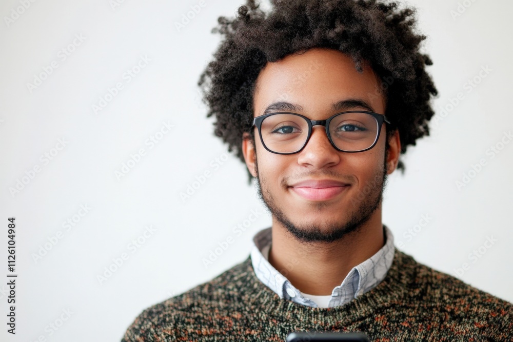 young man smiling with glasses and curly hair young man smiling with glasses and curly hair