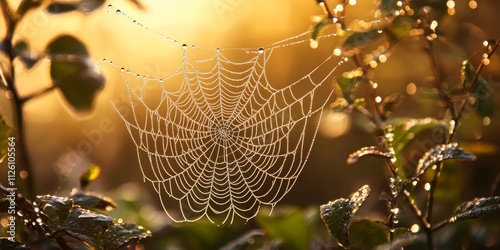 Delicate spider s web adorned with gleaming morning dew drops, showcasing the intricate beauty of the spider s web as it sparkles in the early light. The spider s web glistens wonderfully. photo