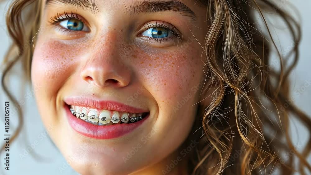 video of smiling girl with metal braces on teeth, bite alignment, orthodontics, dentistry, dentist, dental health, oral care